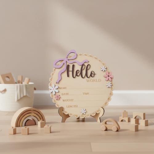 Hello World Wooden Baby Birth Announcement Sign, Baby Girl Nursery Decor Photo - Image 7