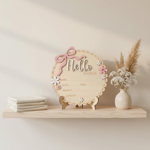 Hello World Wooden Baby Birth Announcement Sign, Baby Girl Nursery Decor Photo - Image 7