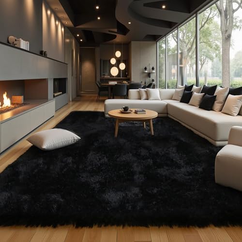 Black Fluffy 8x10 Large Area Rug, Soft Washable Shag Carpet - Image 7