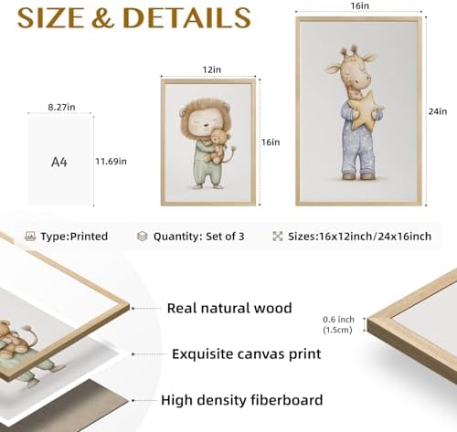 PORENY Baby Animal Nursery Wall Art Set of 3, Elephant Lion Giraffe Canvas - Image 7