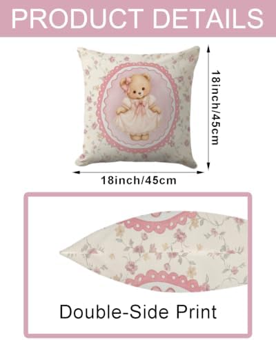 Pink Bear Throw Pillow Cover 18x18, Floral Bow Girls Room Decor - Image 6