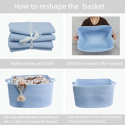 XUANGUO Large Rectangle Woven Cotton Rope Blanket Basket 22"x17"x12" Blue - Image 7
