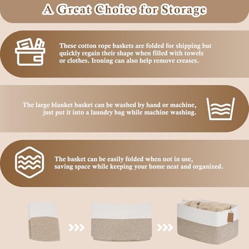 Goodpick 75L Extra Large Woven Rope Blanket Basket, Light Brown - Image 7
