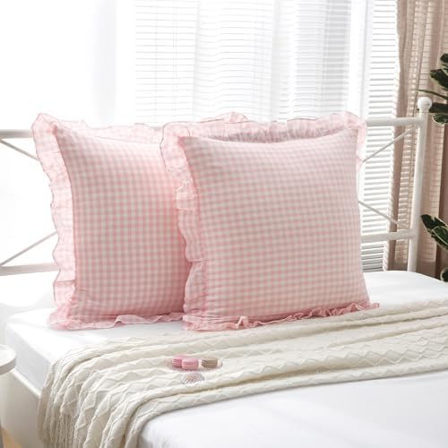 2 Pack Blush White Gingham Ruffle Throw Pillow Covers 22''x22'' - Image 7
