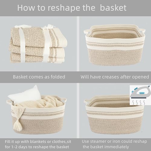 XUANGUO Large Woven Cotton Rope Blanket Basket 22"x17"x12" White Brown - Image 7