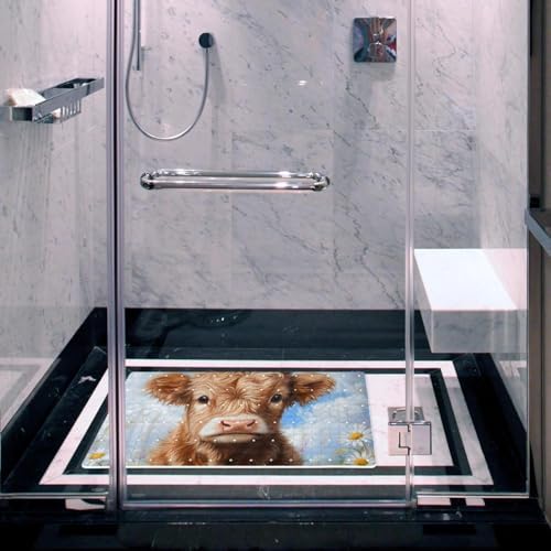 Bathtub Mat Non Slip 26.8x15.1 Inch, Highland Cow Daisy Shower Mat - Image 5