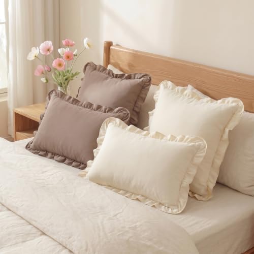 Set of 2 Cream White Ruffle Lumbar Pillow Covers 12x20 Inch, Solid Color - Image 7