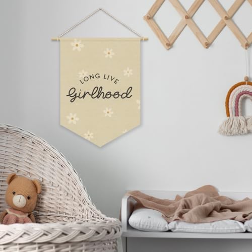 Girl Nursery Decor, Long Live Girlhood Linen Canvas Banner, Neutral Floral Wall - Image 7