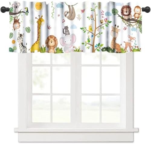 Kids Forest Animals Valance Curtains, Cartoon Elephants Giraffes, Lions Parrots - Image 6