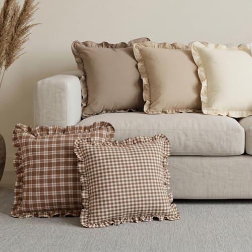Set of 2 Ruffle Plaid Pillow Covers 18x18 Inch Cotton Brown and White Checkered - Image 6