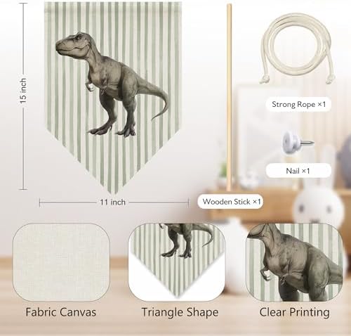 KYTWSFWS Dinosaur Nursery Wall Art Pennant Flag, Boys Room Wall Decor, Sage - Image 6