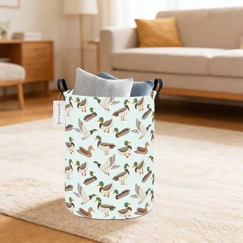 Foldable Waterproof Round Fabric Laundry Basket Home, Mallard Duck - Image 7