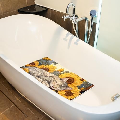 Shower Mat Non Slip 26.8 x 15.1 Inches, Sunflowers Sleeping Cat Bathtub Mat - Image 5