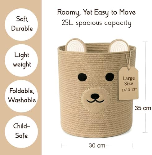 Nursery Storage Basket, 25L Large Woven Cotton Rope Baby Bin - Image 6