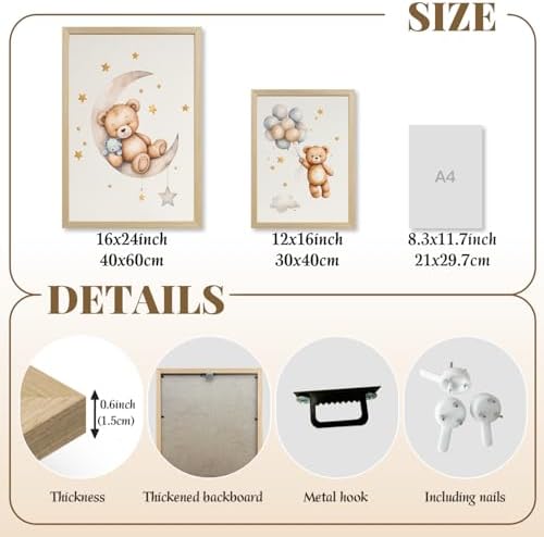 Teddy Bear Pictures Wall Decor, Baby Nursery Wall Art Wood Framed 16x24in - Image 7