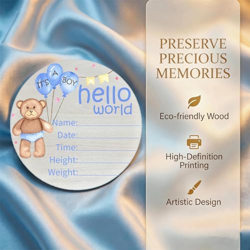 Birth Announcement Sign Hello World Baby Name Wood Blue Bear Theme - Image 6