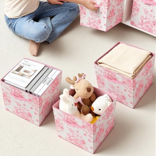 6 Pcs Pink Floral Cube Storage Bins 12.5 Inch Pink Flower Storage Basket - Image 6