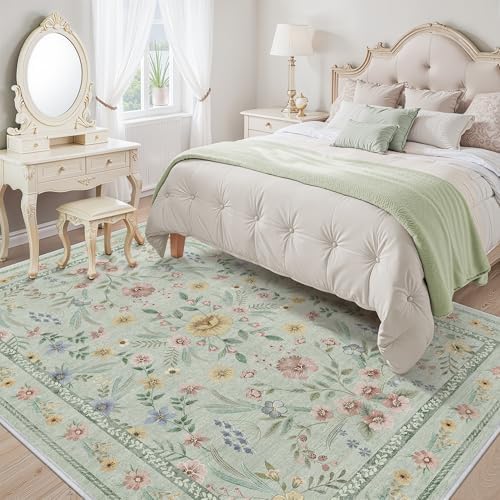 Green Washable Floral Rugs 7x9 Large Vintage Boho Non-Slip Living Room Carpet - Image 6