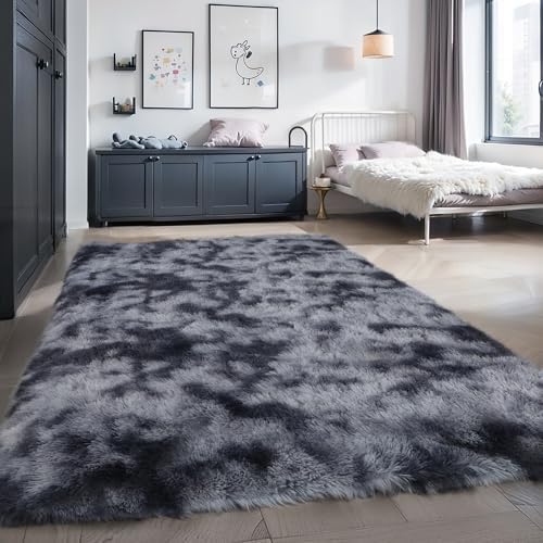 6x9 Tie-dye Dark Grey Shag Rug for Bedroom, Soft Plush Fluffy Carpet - Image 6