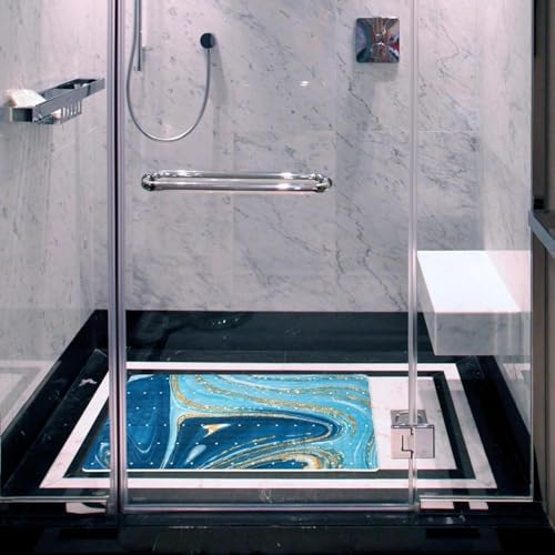 Shower Mat Non Slip 26.8 x 15.1 Inches, Cyan Gold Marble Bathtub Mat Shower - Image 6