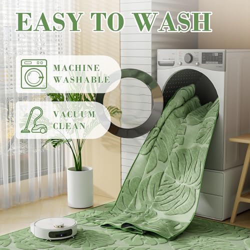 Sage Green Monstera 3x5 Area Rugs High-Low Plush Pile Washable - Image 6