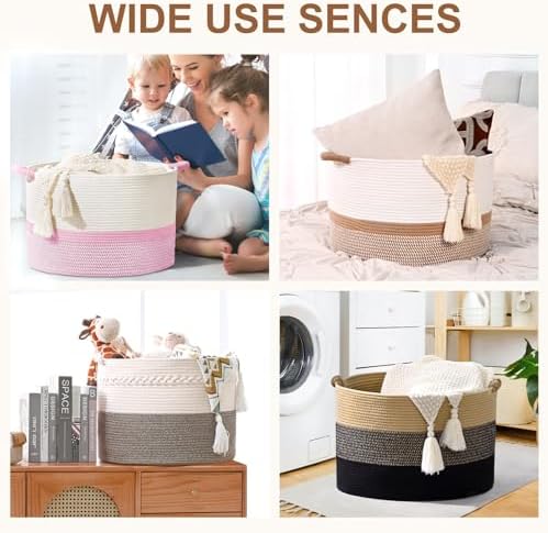 67L Large Blanket Basket, Cotton Rope Blanket Basket Living Room, Baby Laundry - Image 6