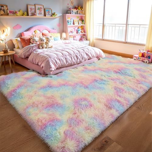 Fluffy Rainbow Large Area Rug 8x10, Soft Washable Shag Carpet - Image 7