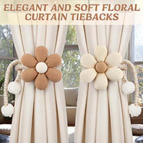 Tegeme 4 Pcs Curtain Tiebacks Flower Curtain Holdbacks Boho Floral Holdback - Image 6