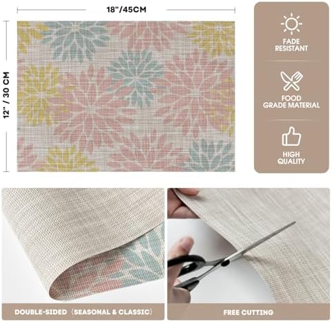 Artoid Mode Floral Vinyl Placemats Set of 4, 12x18 Inch Heat Resistant Washable - Image 6