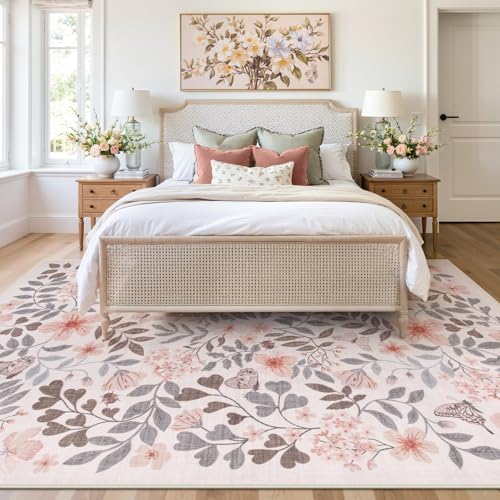 Lahome Fall Floral Area Rugs for Bedroom, 8x10 Light Brown Botanical Rug - Image 6