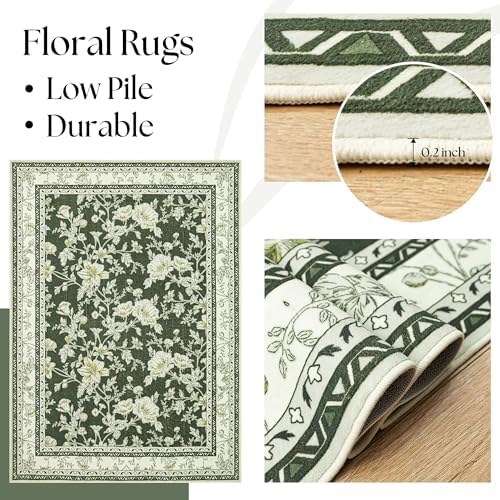 Olive Green Rug 6x9 for Dining Room Sketch Patterned Washable Area Rugs - Image 7