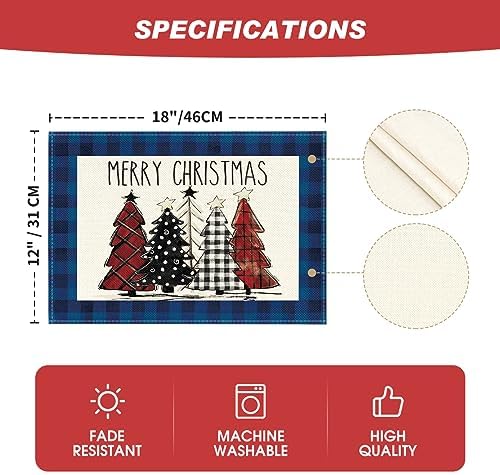 Artoid Mode Blue Waterclor Buffalo Plaid Christmas Trees Placemats Set of 6 - Image 6