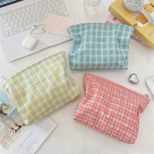 Flat Makeup Bag for Women, Zipper Cosmetic Pouch for Purse, Check Red - Image 7