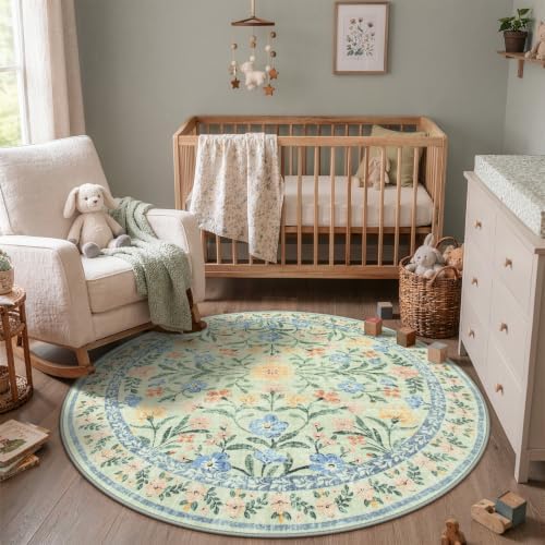 Wonnitar Washable Round Area Rug, 5ft Green Floral Round Rug Boho Soft Circle - Image 6