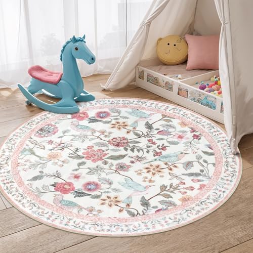 Rugalia Pink Floral Round Rugs 4ft, Washable Boho Circle Rug - Image 6