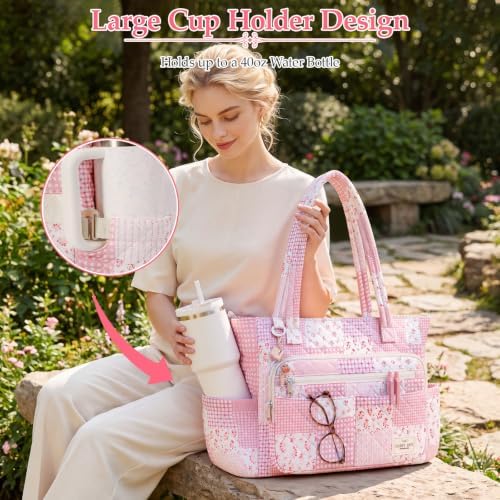 WOBAGMEN Teacher Tote Bag for Women, Quilted Floral Laptop Work Tote - Image 7