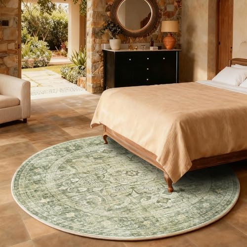 4ft Washable Round Rugs for Bedroom: Circle Living Room Rug Boho Vintage Non - Image 6