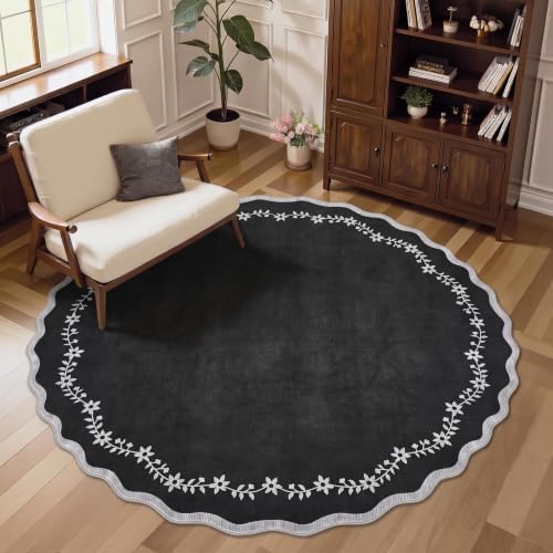 GarveeHome Round Rugs 4ft Scalloped Washable Black Circle Rug - Image 3