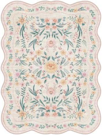 Scalloped Rug for Living Room, 5x8 Pink Floral Rug for Girls Dorm, Washable - Image 6