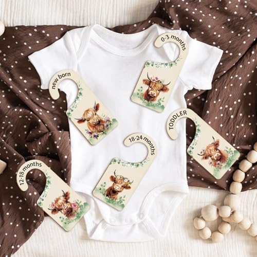 Whaline 8 Pcs Baby Closet Size Dividers Watercolor Highland Cow Hanging Wood - Image 7