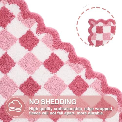 ORTIGIA Cute Pink Checkered Scalloped Bath Mat, Fun Plush Microfiber Bathroom - Image 6