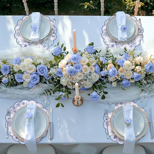 60 Pcs Blue Floral Paper Placemat, 13.5 Inch Disposable Scalloped Table Mat - Image 6