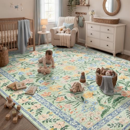 Wonnitar Machine Washable Area Rugs 9x12, Soft Sage Green Floral Rug - Image 6