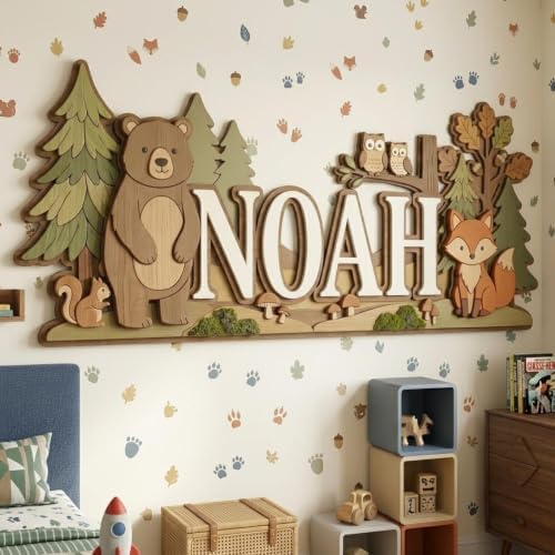 Personalized Woodland Baby Name Sign, Custom Forest Bear Fox Owl Nursery Wall - Image 7