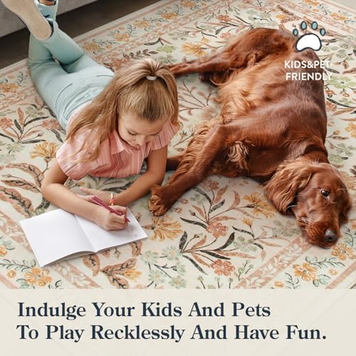 Lahome Orange Floral Area Rugs 8x10, Fall Washable Rugs - Image 6