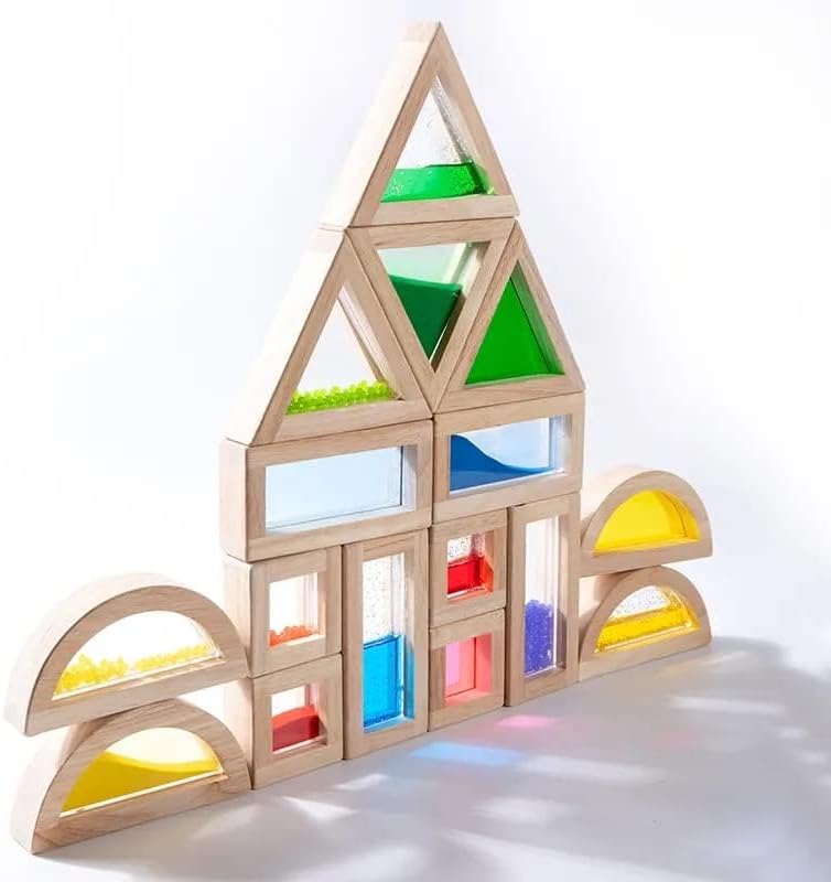 Large Wooden Building Blocks for Toddlers Baby Kids 16 Pcs Rainbow Blocks Geometry Sensory Stacking Construction Toys Set Colorful Preschool Learning Educational Toys for Boys & Girls…