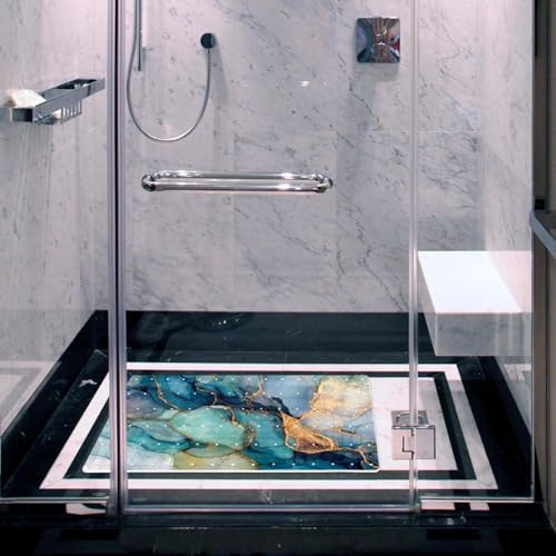 Shower Mat Non Slip, Cyan Blue Marble Anti Slip Bath Mat - Image 6