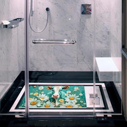 Bathtub Mat Non Slip 26.8x15.1In, Cow Daisies on Teal Plank Bath Mat - Image 6