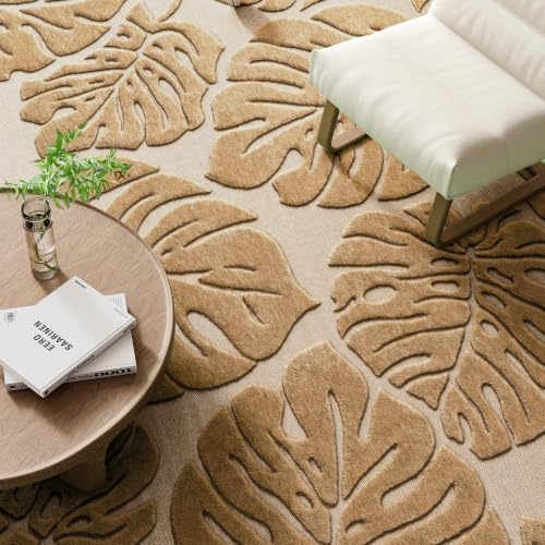 Brown Monstera 5x7 Area Rugs High-Low Plush Pile Washable - Image 6