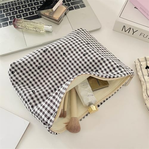 Flat Makeup Bag for Women, Zipper Cosmetic Pouch for Purse, Gingham Floral - Image 7
